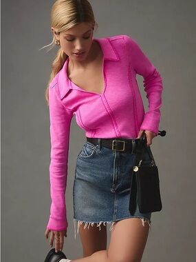 Pilcro Pink Long Sleeve Top Large Collared V Neck Y2K Casual Cotton Stretch